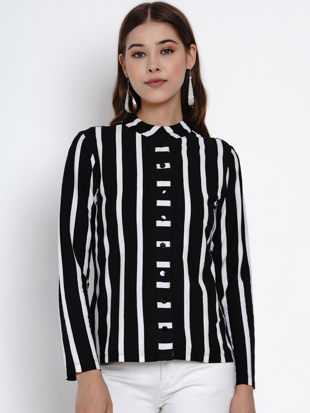 Texco Women Black & White Regular Fit Striped Casual Shirt