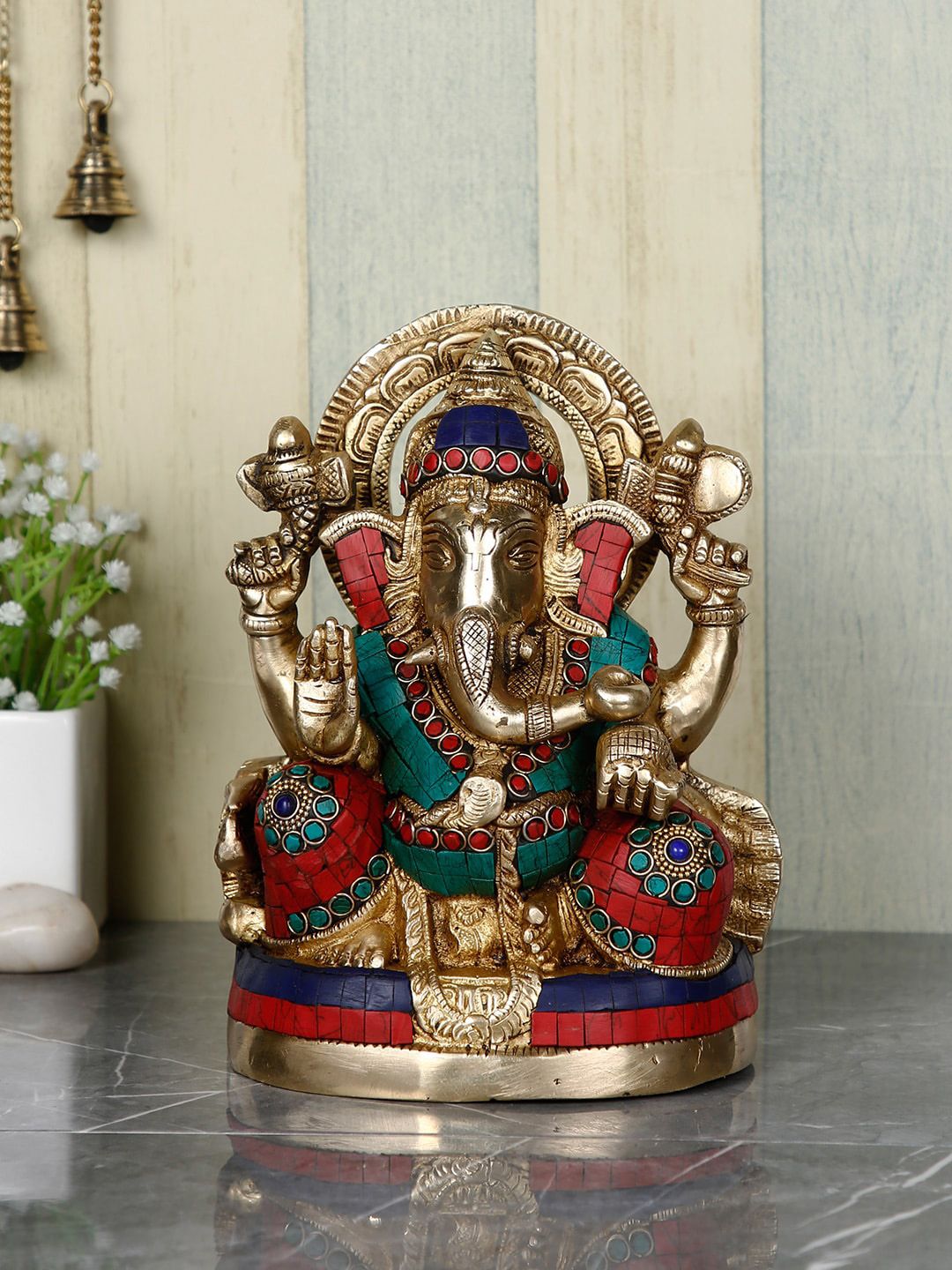CraftVatika Gold-Toned & Red Ganesh Idol Showpiece Price in India