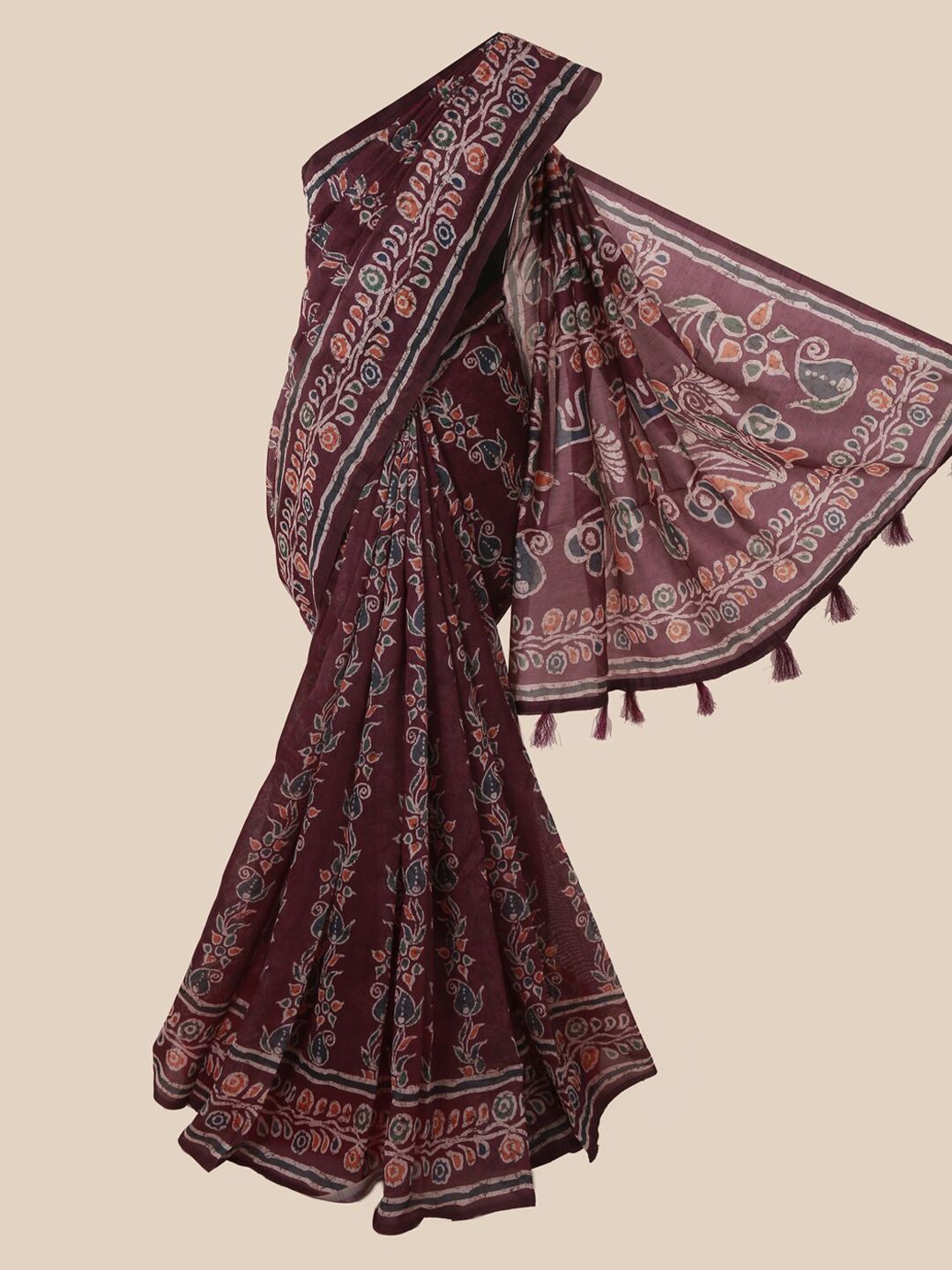 Pothys Burgundy Printed Cotton Blend Saree