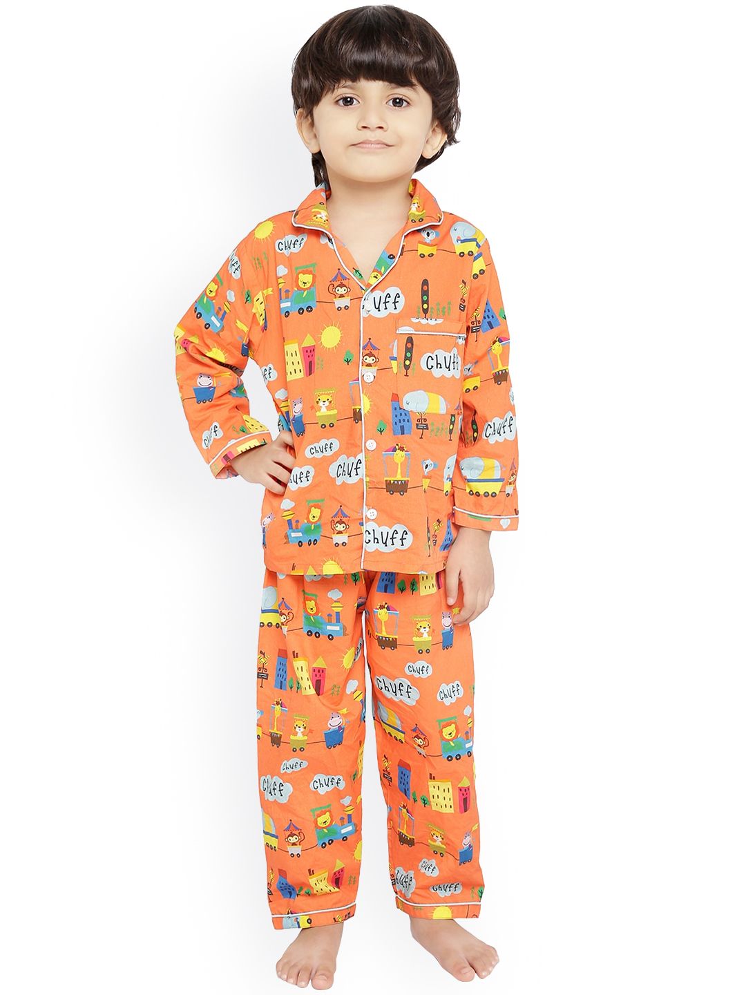 Knitting Doodles Unisex Kids Orange & White Printed Night Suit