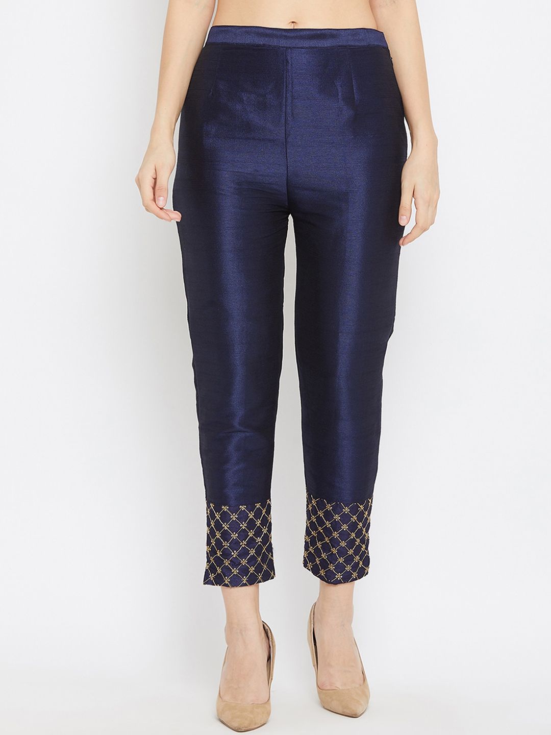 Clora Creation Women Navy Blue Regular Fit Solid Cigarette Trousers Price in India