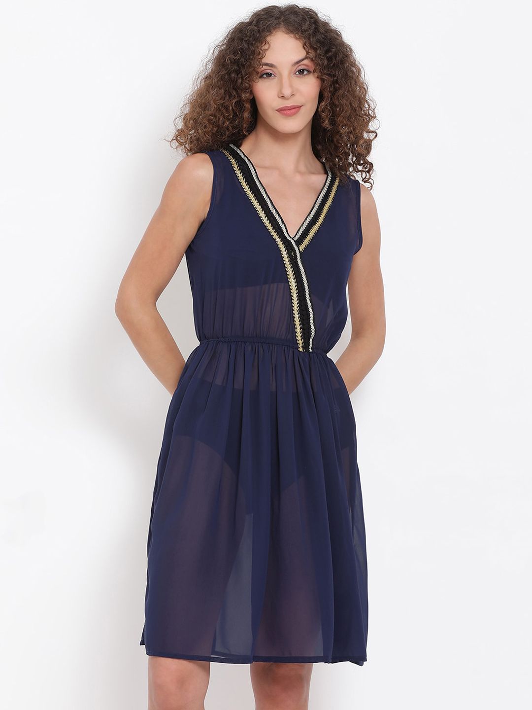 Oxolloxo Women Navy Blue Solid Cover-Up Swim Dress Price in India