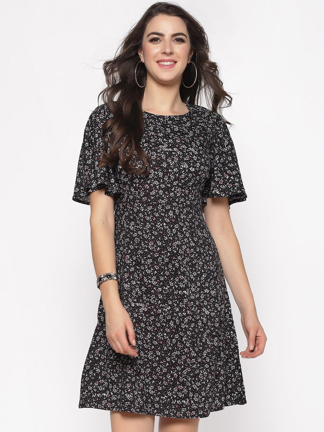 Sera Women Black Printed Fit and Flare Dress Price in India