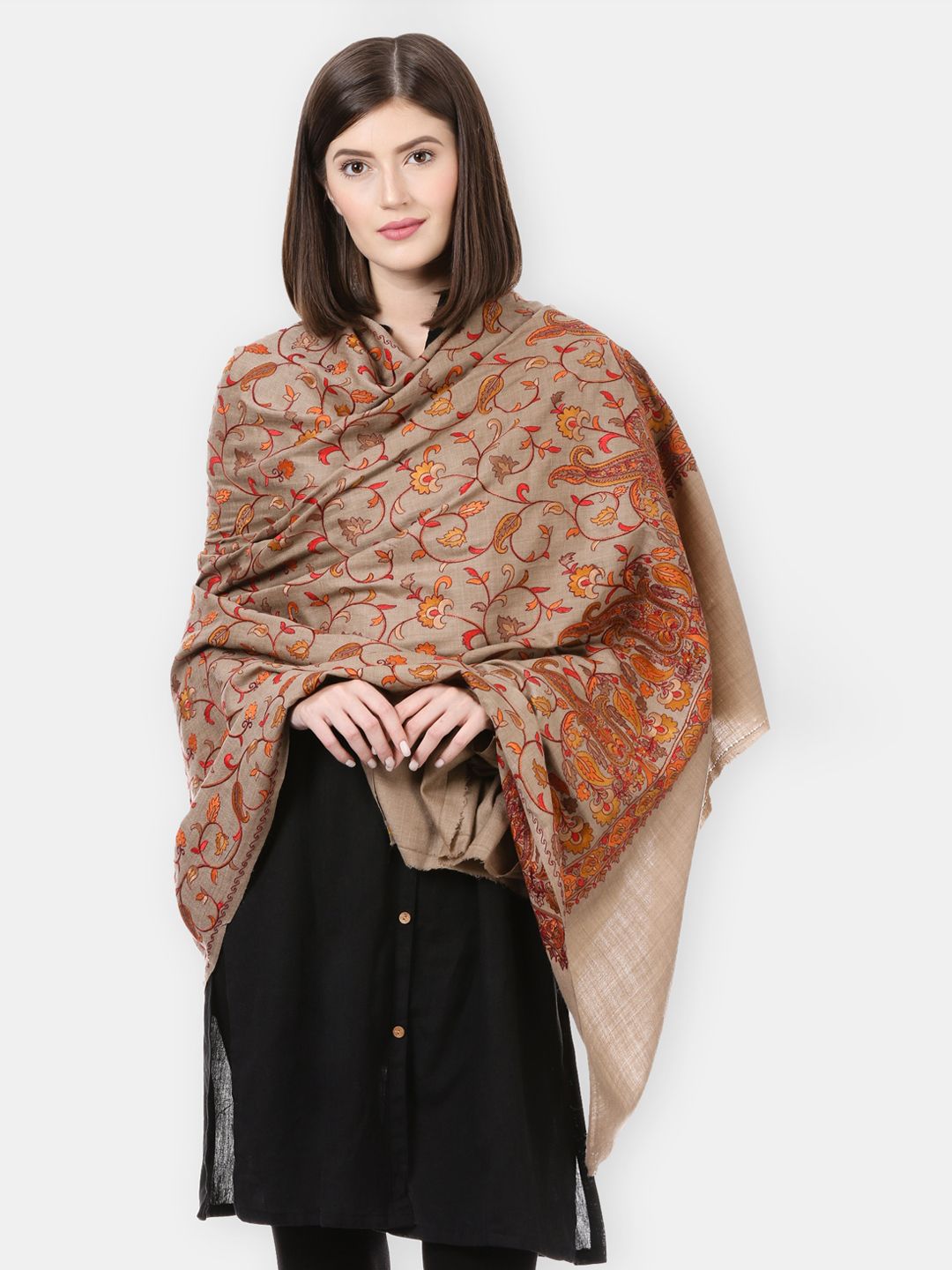 Pashtush Women Beige & Orange Embroidered Shawl Price in India