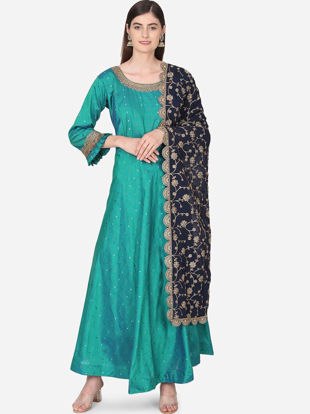 BOMBAY SELECTIONS Women Green Embroidered Kurti with Skirt & Dupatta