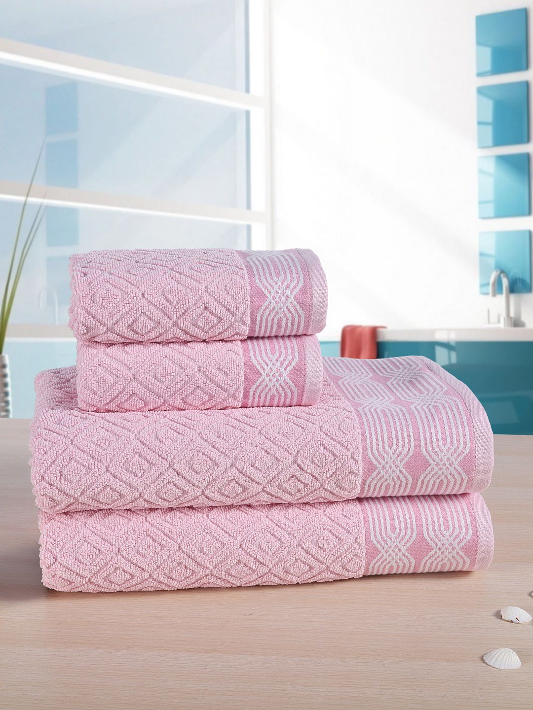 RANGOLI Unisex Set Of 4 Pink & White Self Design 500 GSM Towel Set Price in India