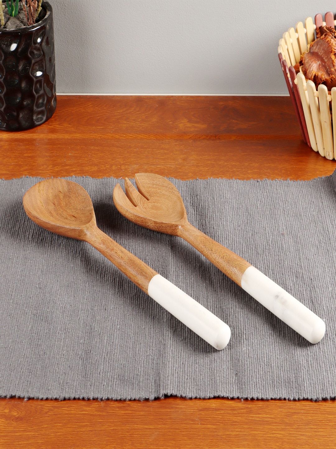 NikkisPride Set Of 2 Beige & White Colourblocked Handmade Salad Servers Price in India