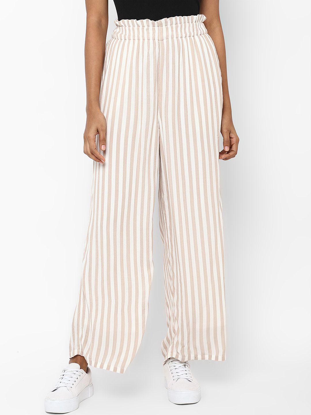 AMERICAN EAGLE OUTFITTERS Women Beige Regular Fit Striped Parallel Trousers Price in India