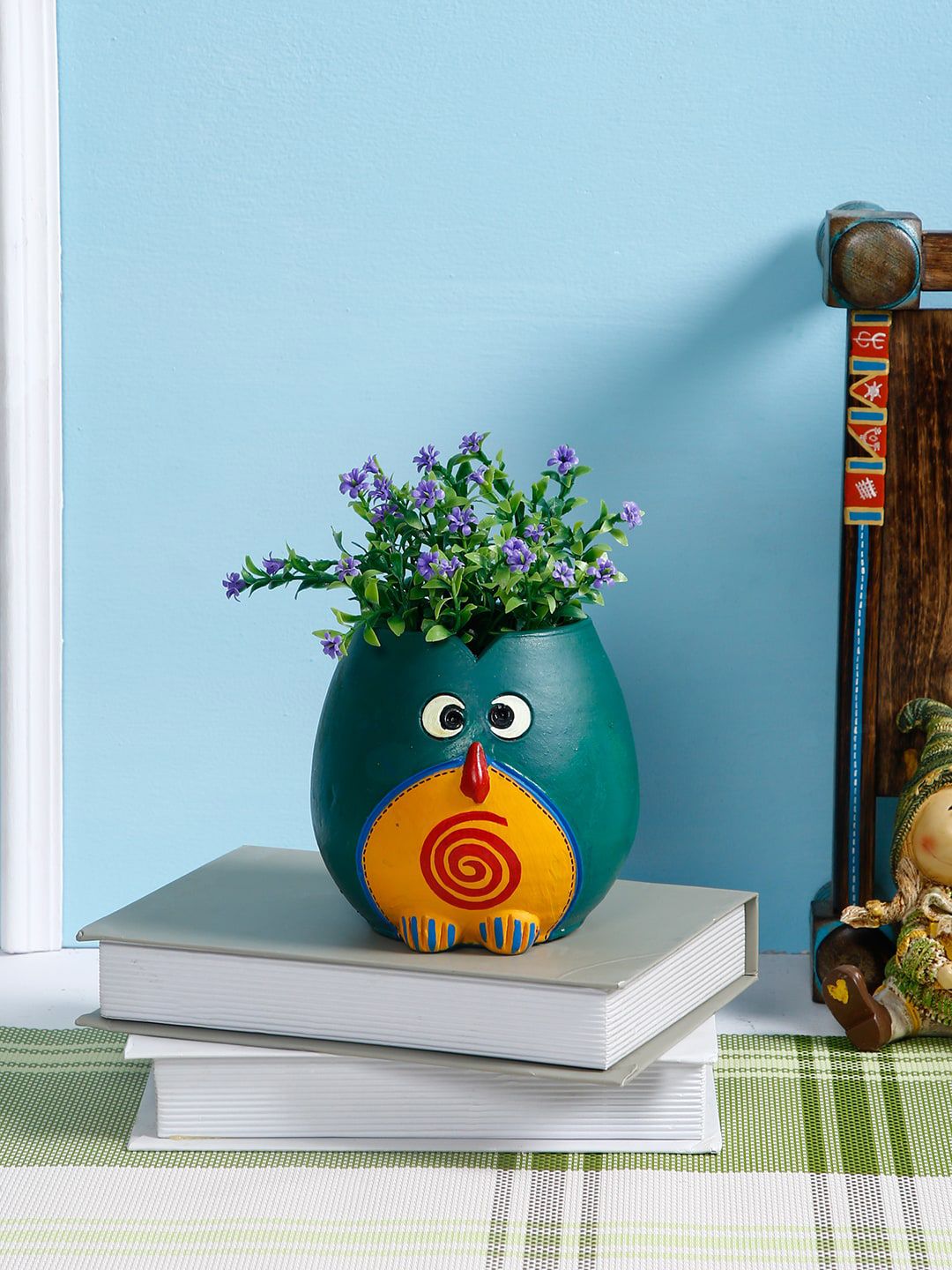 Aapno Rajasthan Teal Green & Yellow Handcrafted Owl Planter Price in India