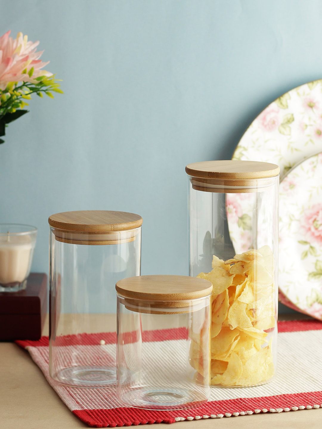 INCRIZMA Set Of 3 Transparent & Beige Solid Food Container with Bamboo Lid Price in India