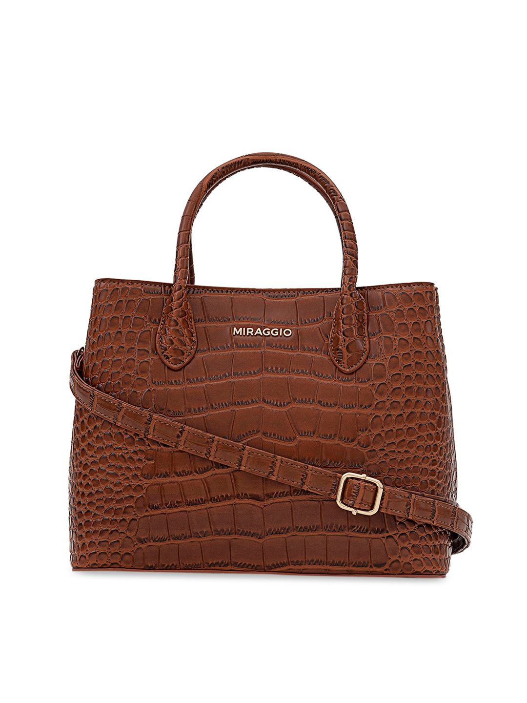 MIRAGGIO Brown Croc-Textured Handheld Bag with Top Handle Price in India