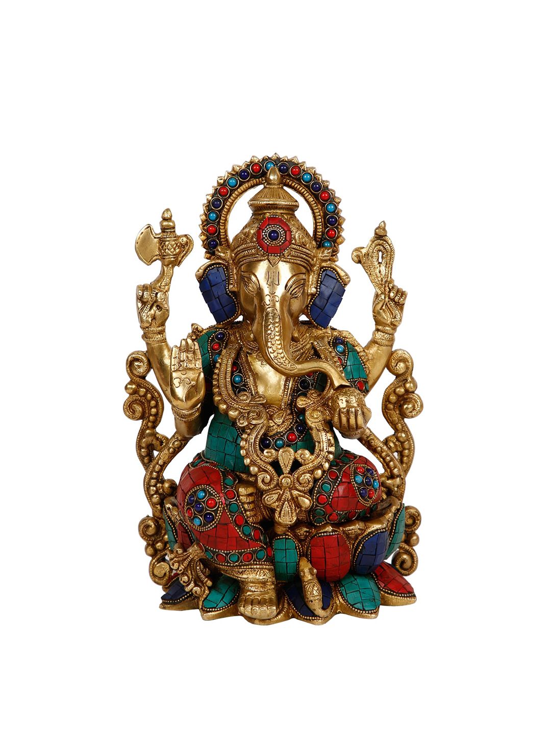 CraftVatika Red & Gold-Toned Lotus Sitting Ganesha Idol Price in India