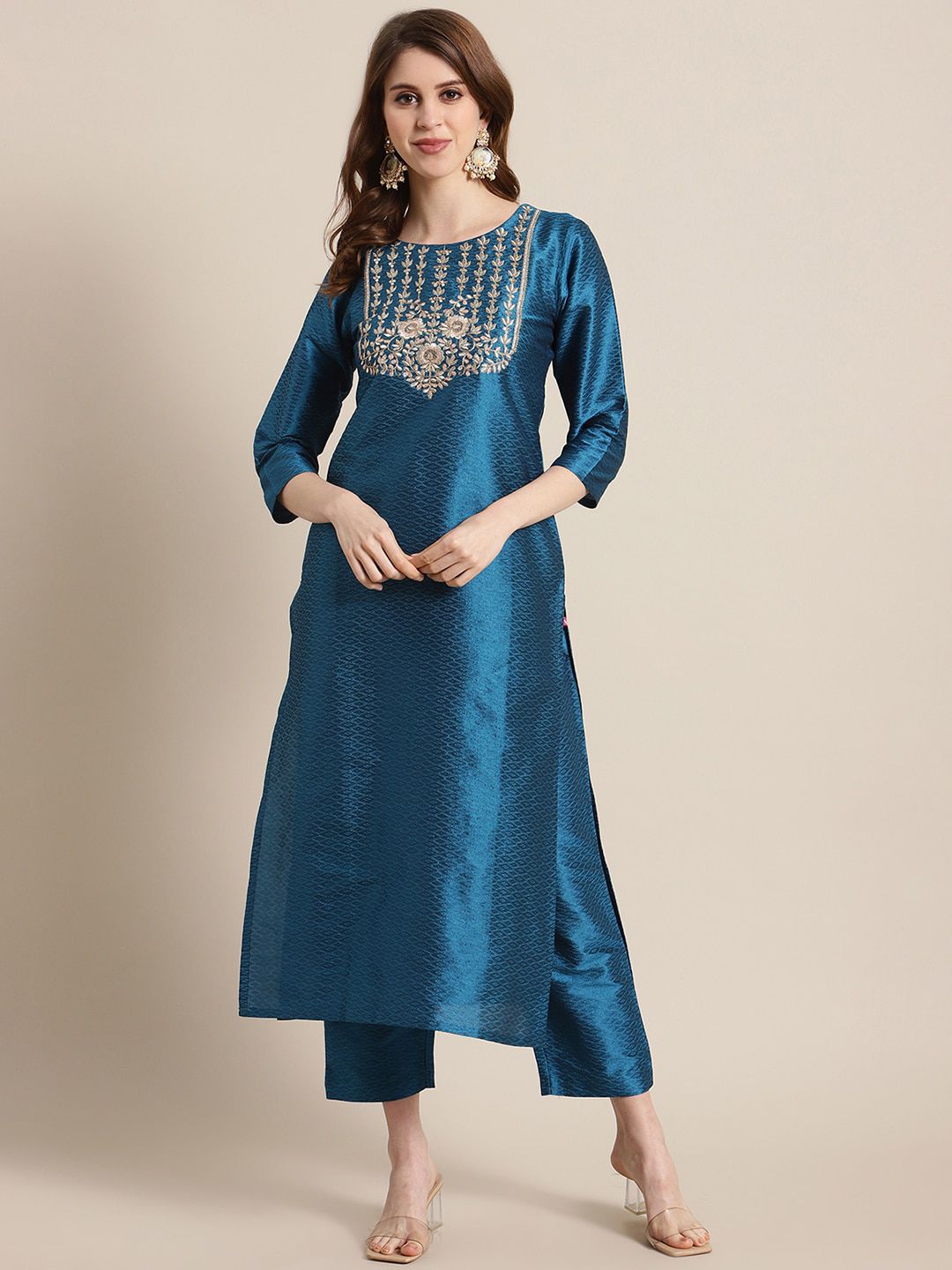 Varanga Women Blue Woven Design Kurta with Trousers