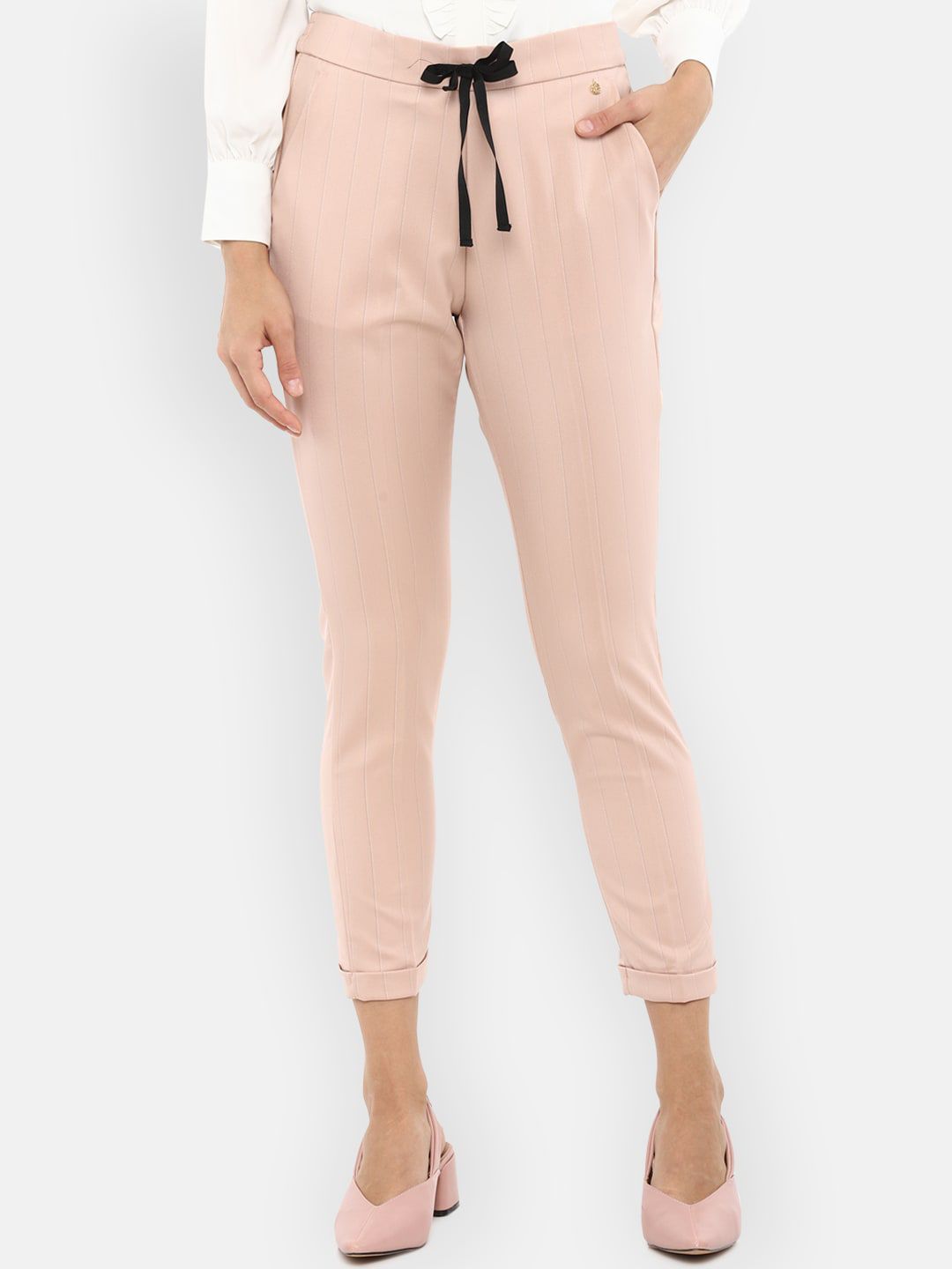 Van Heusen Woman Women Peach-Coloured Slim Fit Striped Regular Trousers Price in India