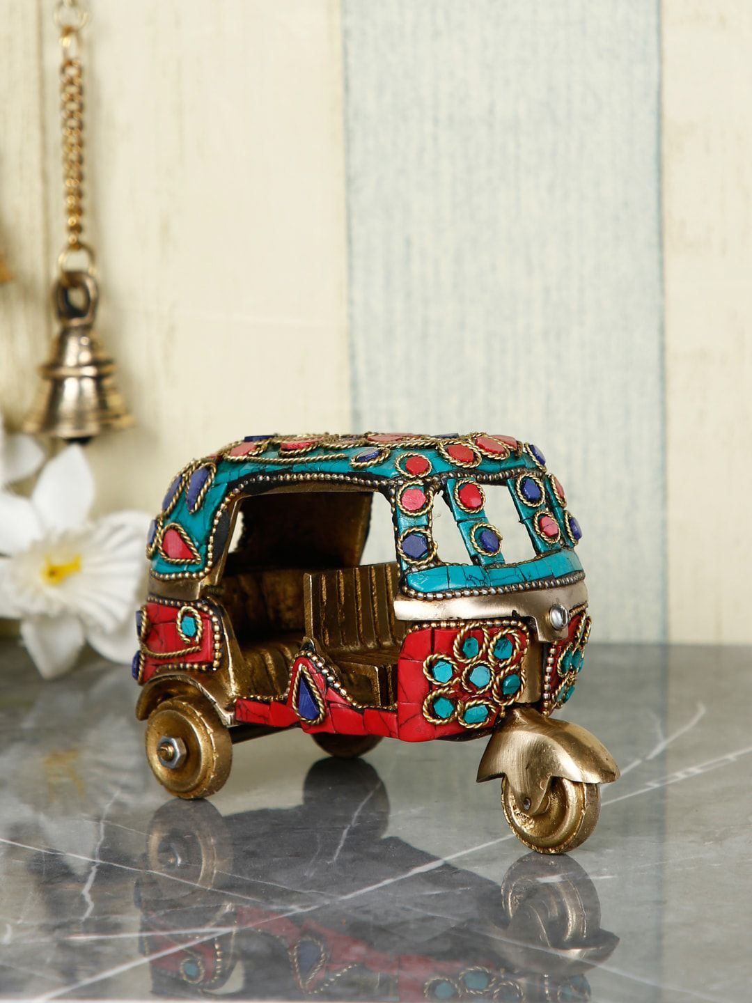 CraftVatika Gold-Toned & Red Hand-Crafted Indian Auto Rickshaw Statue Showpiece Price in India