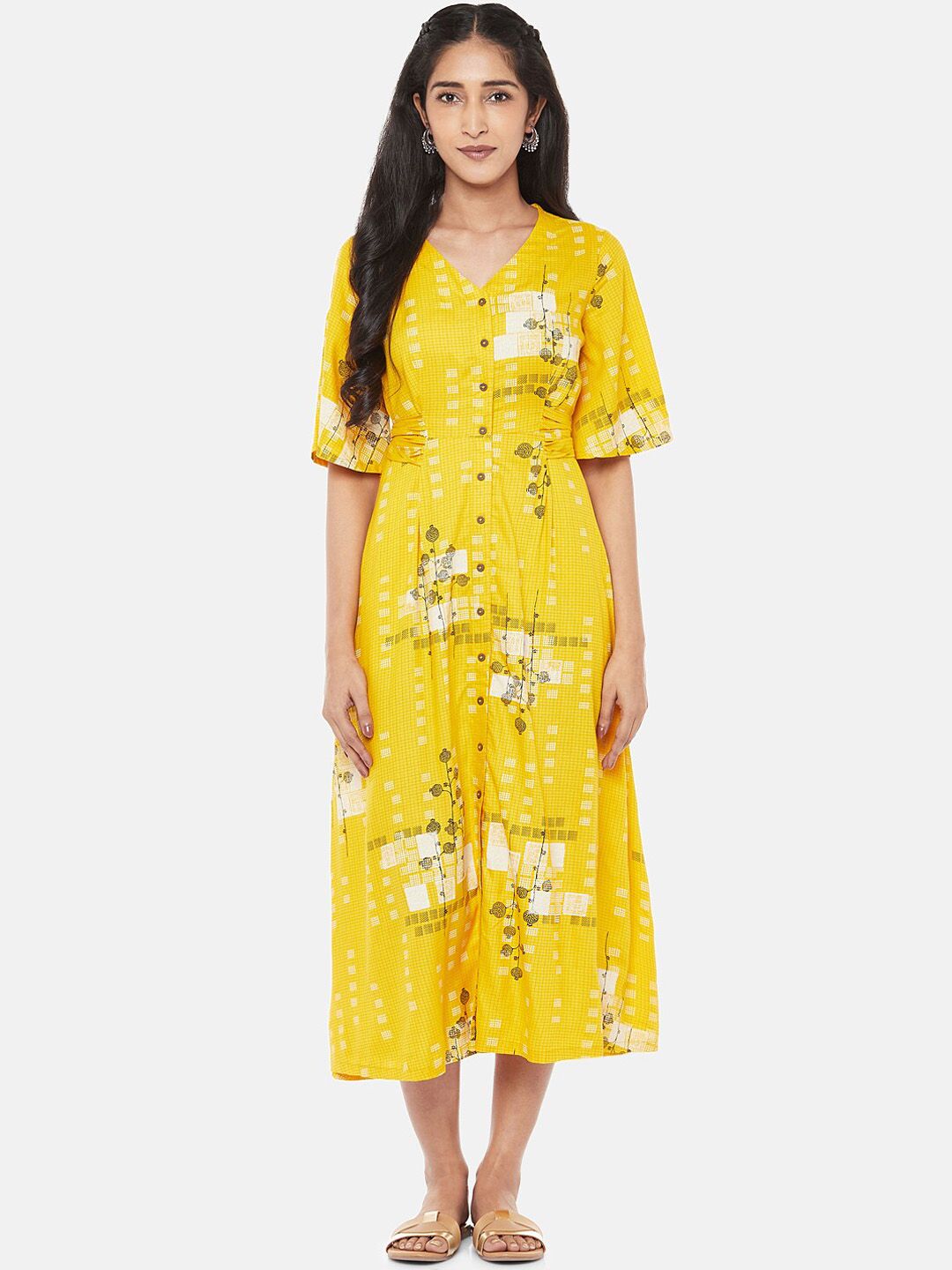 AKKRITI BY PANTALOONS Women Mustard Printed Fit and Flare Dress Price in India