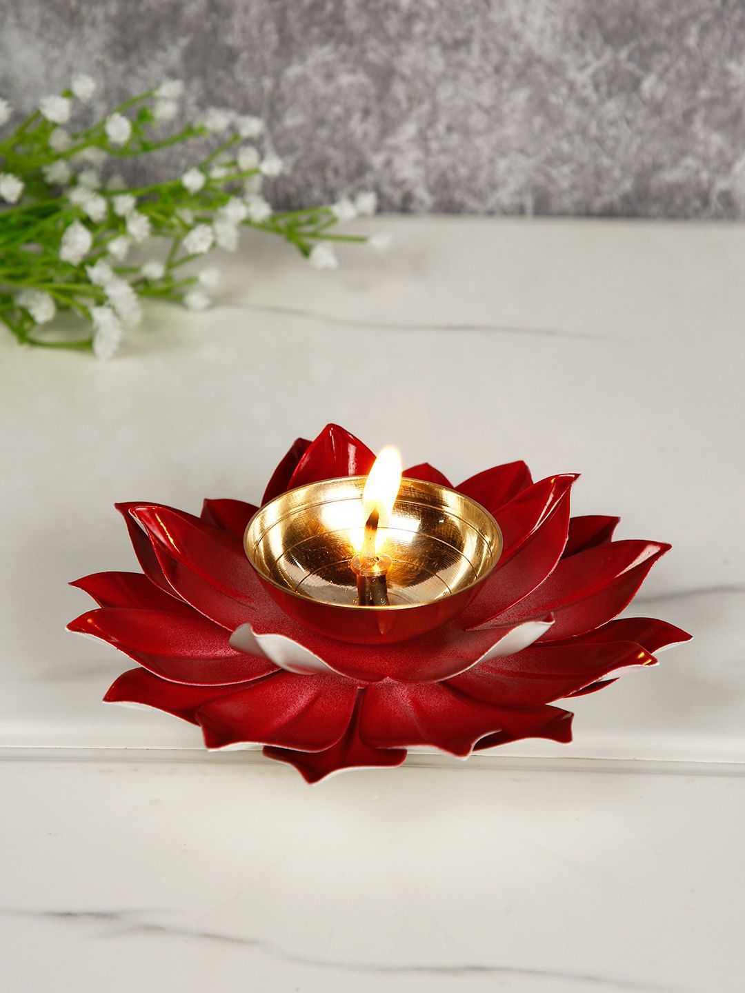 CraftVatika Red Lotus-Shaped Pooja Diya Oil Lamp Price in India