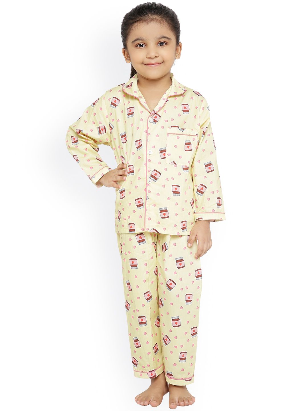 Knitting Doodles Unisex Kids Yellow & Pink Printed Pure Cotton Night Suit