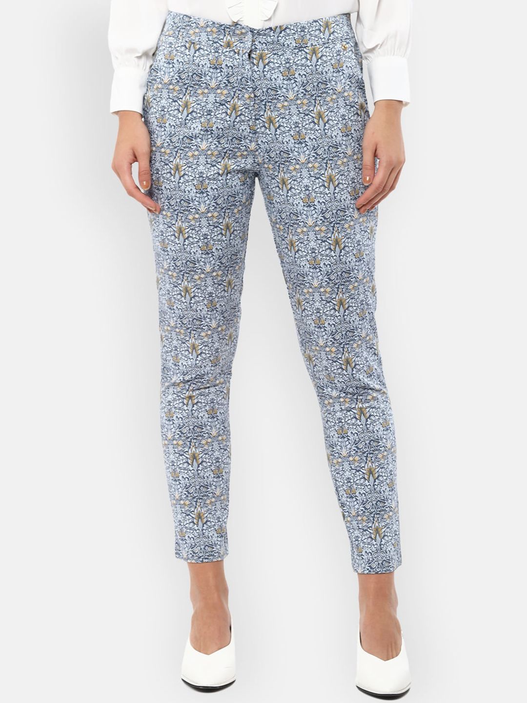 Van Heusen Woman Women Blue & White Slim Fit Floral Printed Regular Trousers Price in India