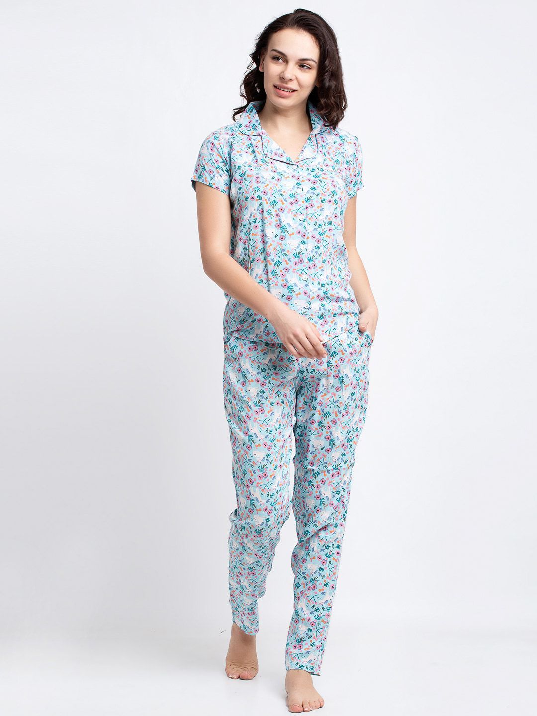 Boston Club Women Turquoise Blue & Pink Printed Night suit Price in India