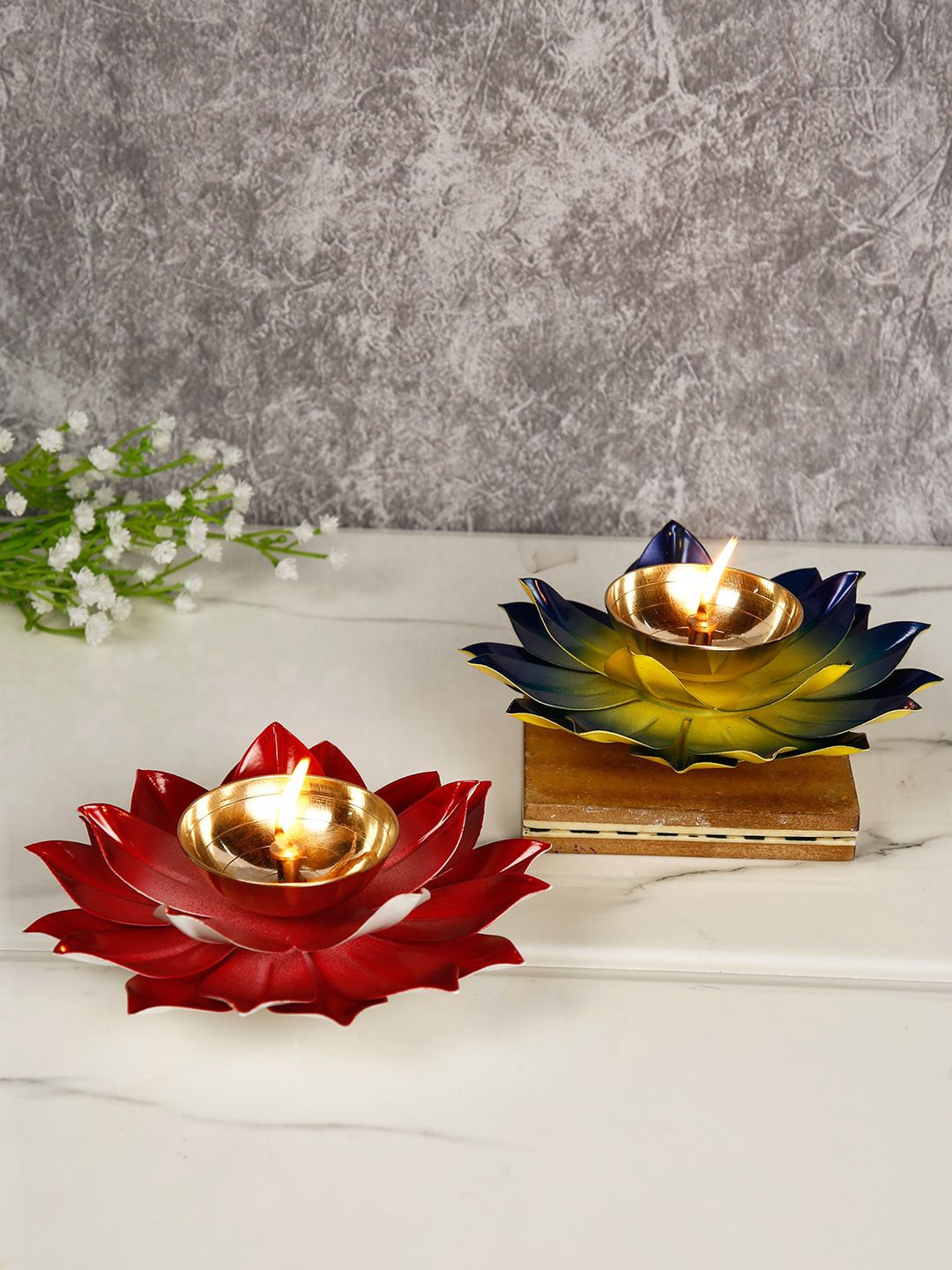 CraftVatika Set of 2 Red Lotus-Shaped Pooja Diya Oil Lamp Price in India