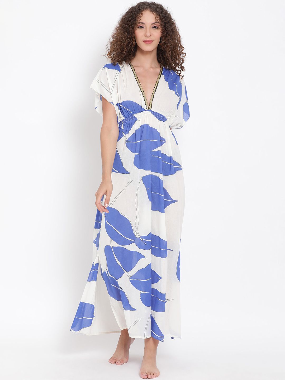 Oxolloxo Women White & Blue Printed Cover-Up Swim Dress Price in India
