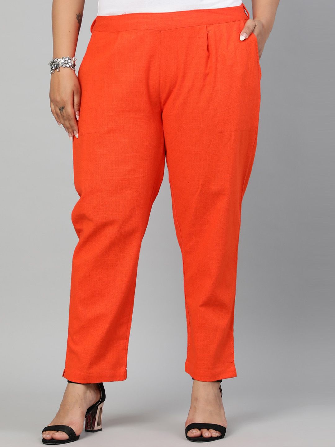 Jaipur Kurti Women Orange Regular Fit Solid Trousers Price in India