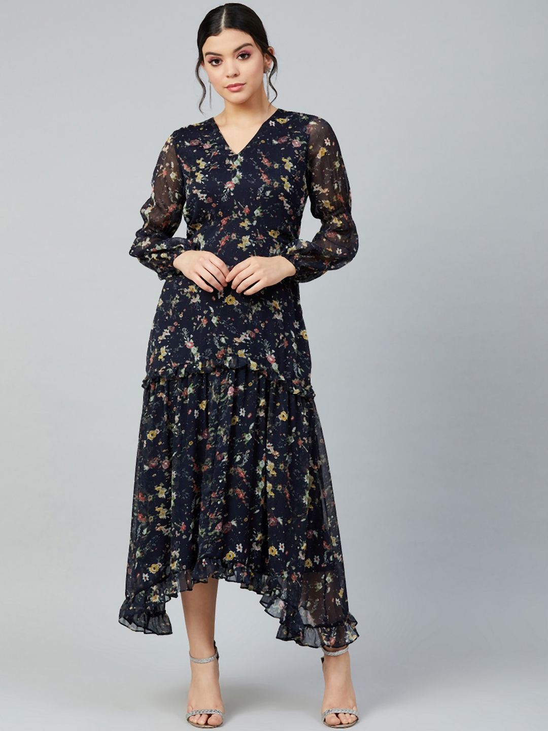 Athena Women Navy Blue Printed Fit and Flare Dress Price in India