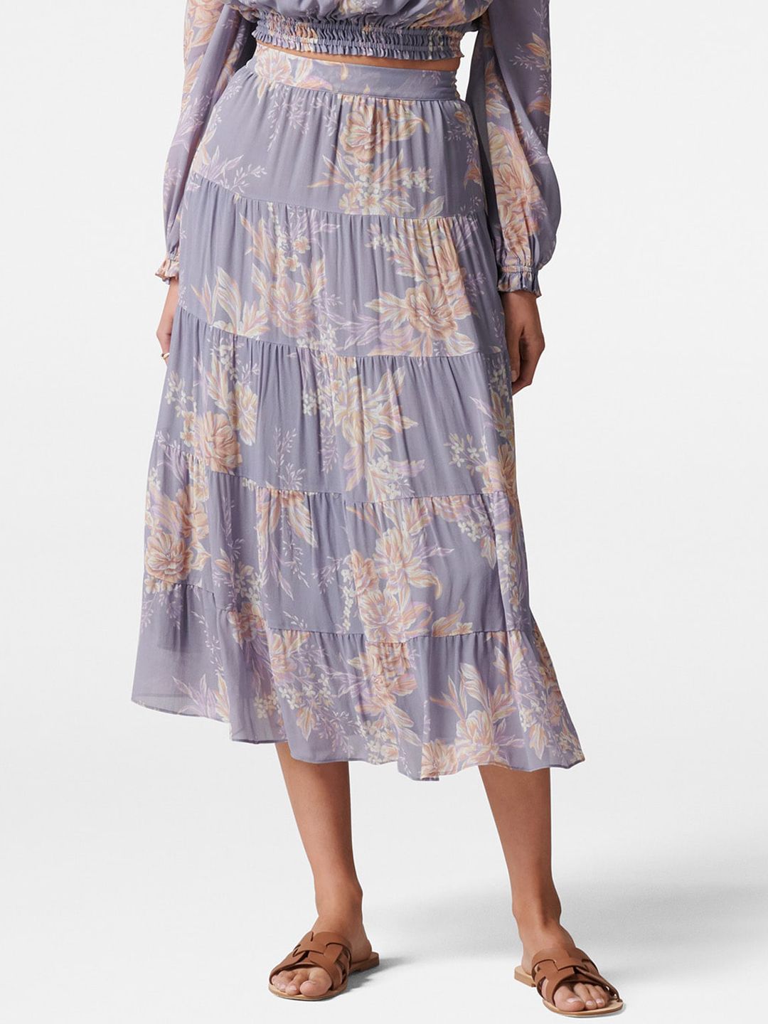 Forever New Women Purple & Peach-Coloured Printed Tiered Maxi Skirt