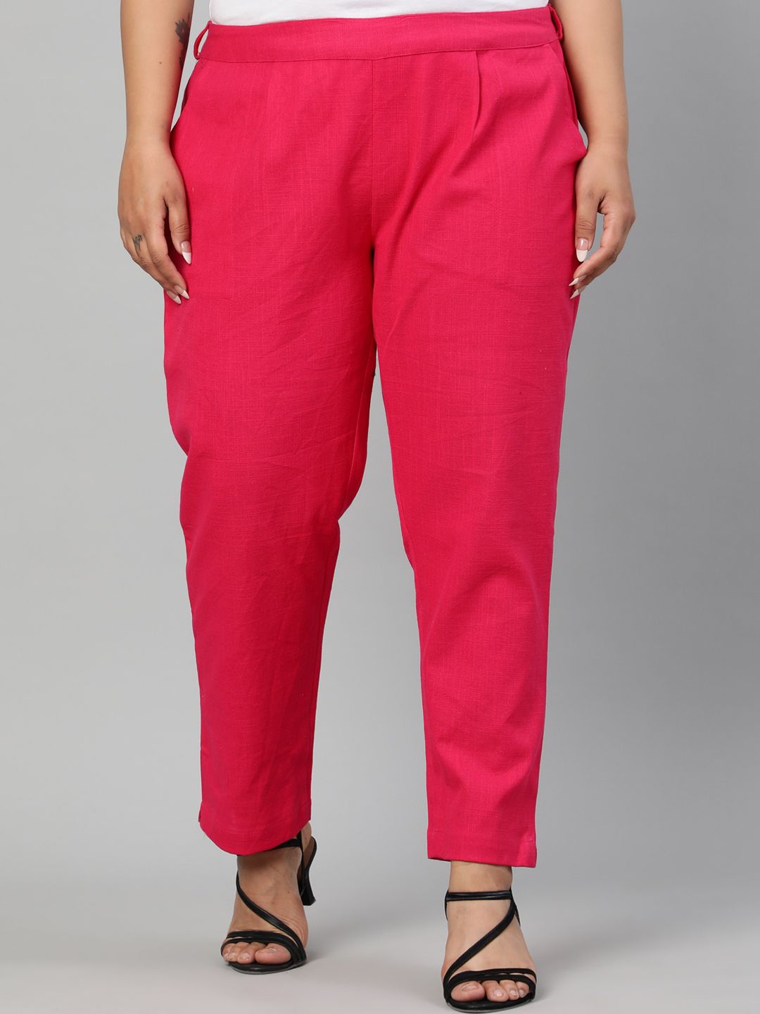 Jaipur Kurti Women Pink Cropped Solid Regular Trousers Price in India