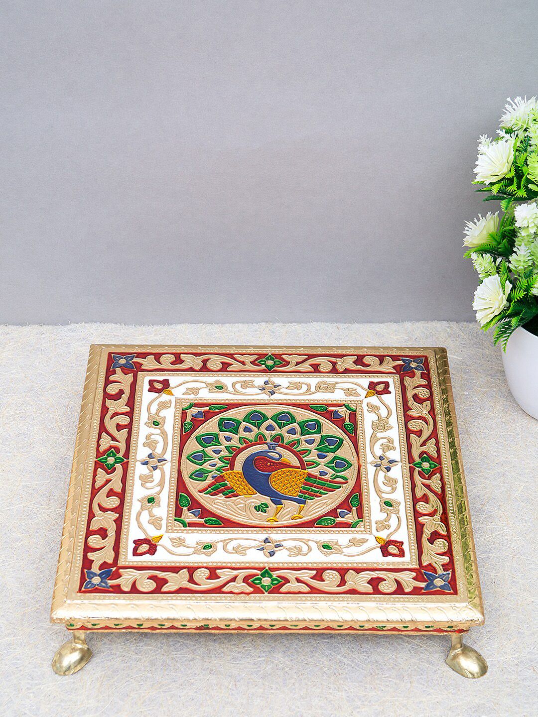 Golden Peacock Gold-Toned & Red Handcrafted Meenakari Wooden Chowki Price in India