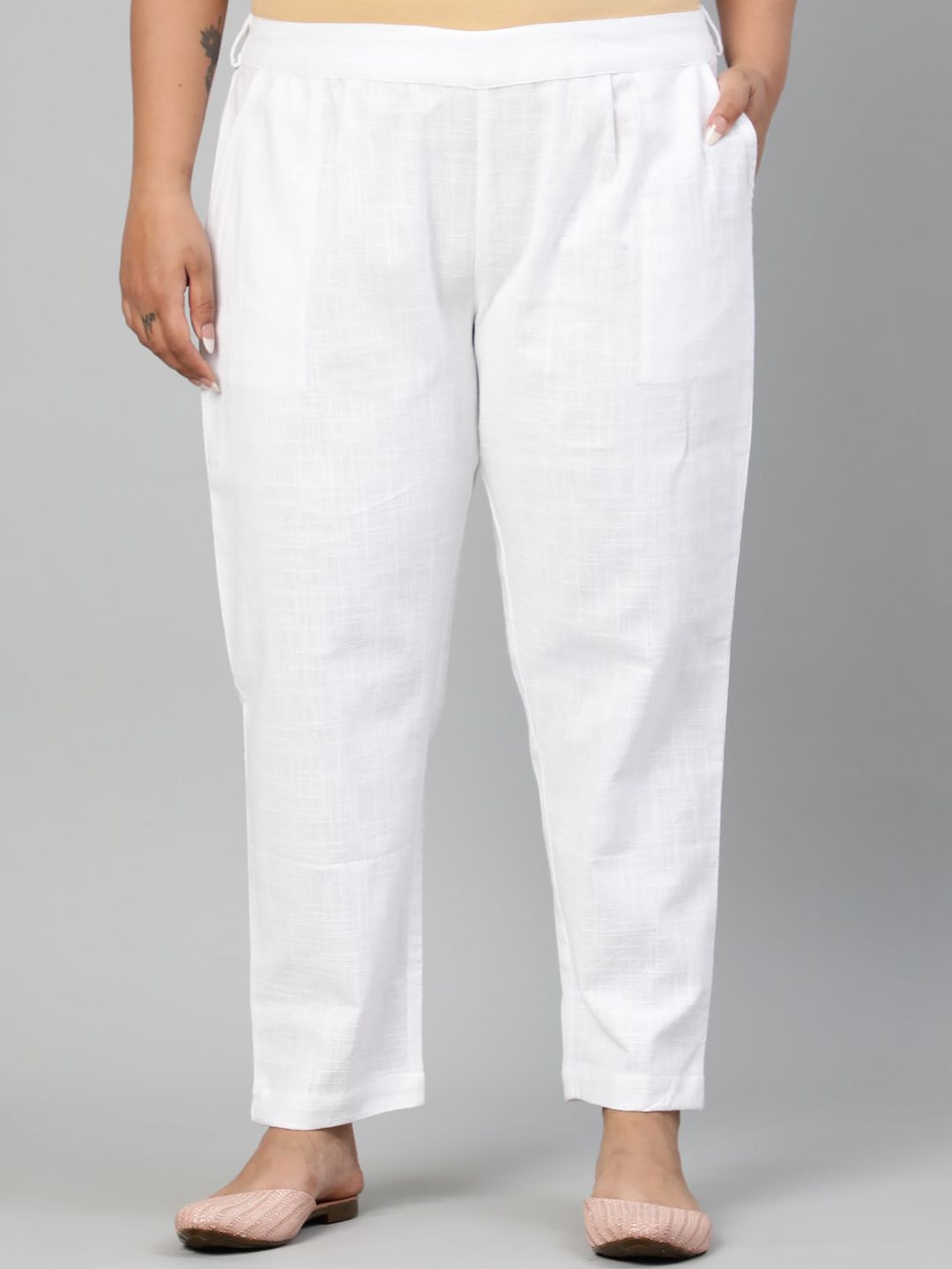Jaipur Kurti Women White Regular Fit Solid Regular Trousers Price in India