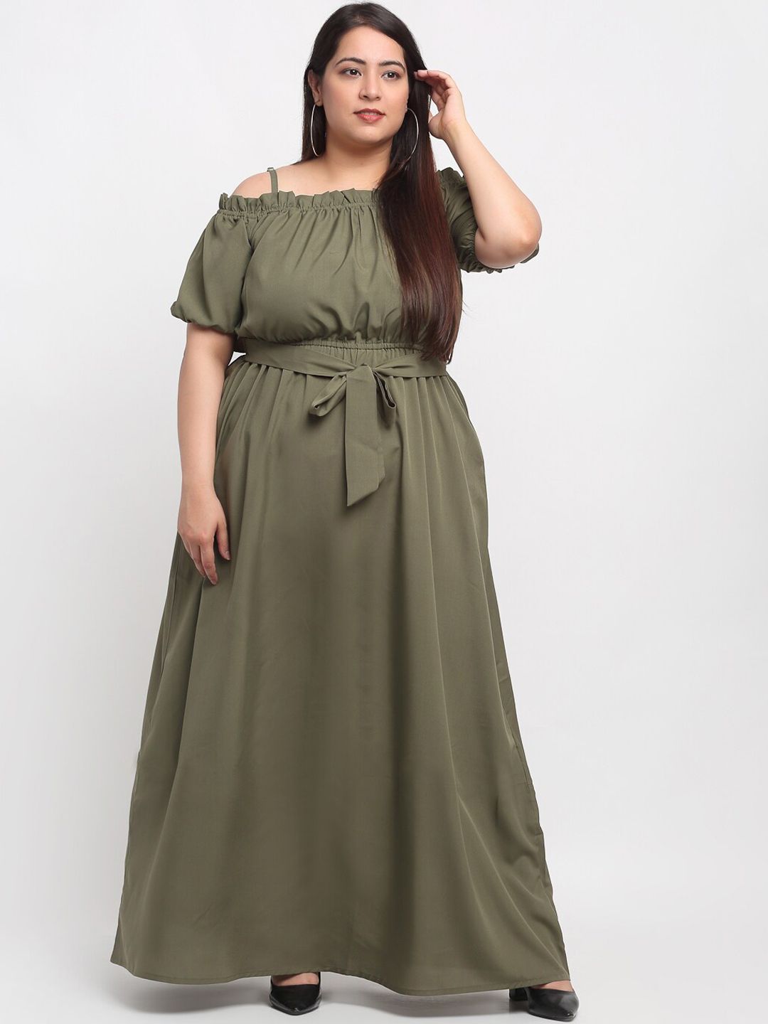 Flambeur Women Olive Green Solid Crepe Maxi Dress with Tie-Ups Price in India
