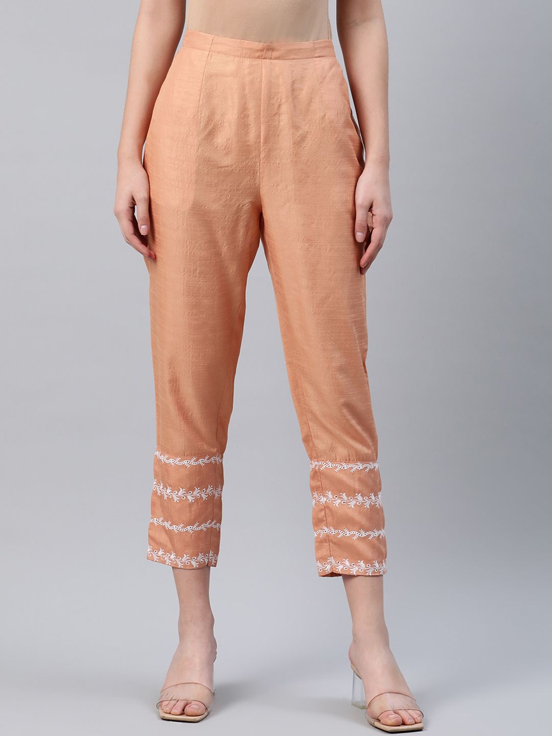 Libas Women Orange Hem Design Ethnic Cigarette Trousers Price in India