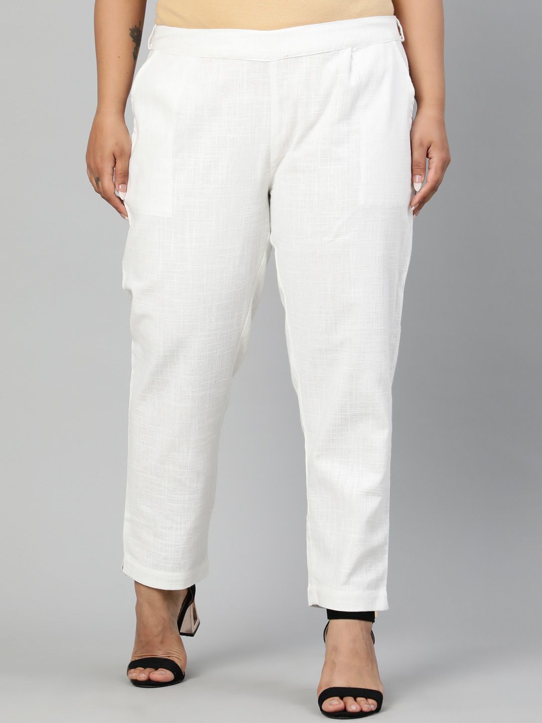 Jaipur Kurti Women Off-White Regular Fit Solid Regular Trousers Price in India