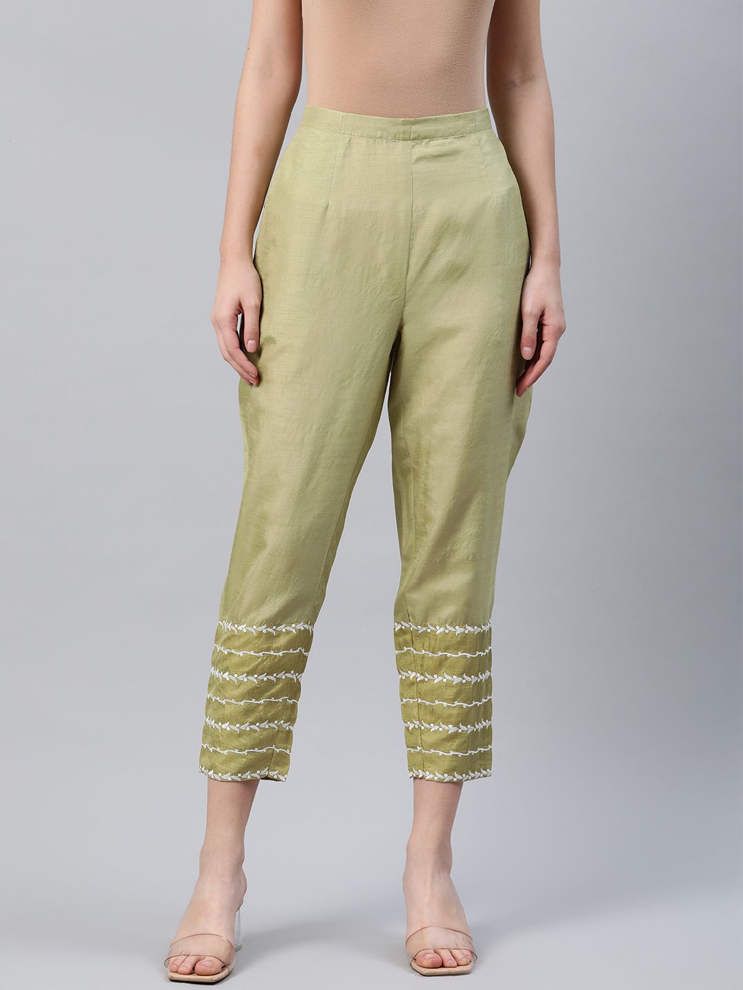 Libas Women Green Solid Cropped Cotton Regular Trousers Price in India