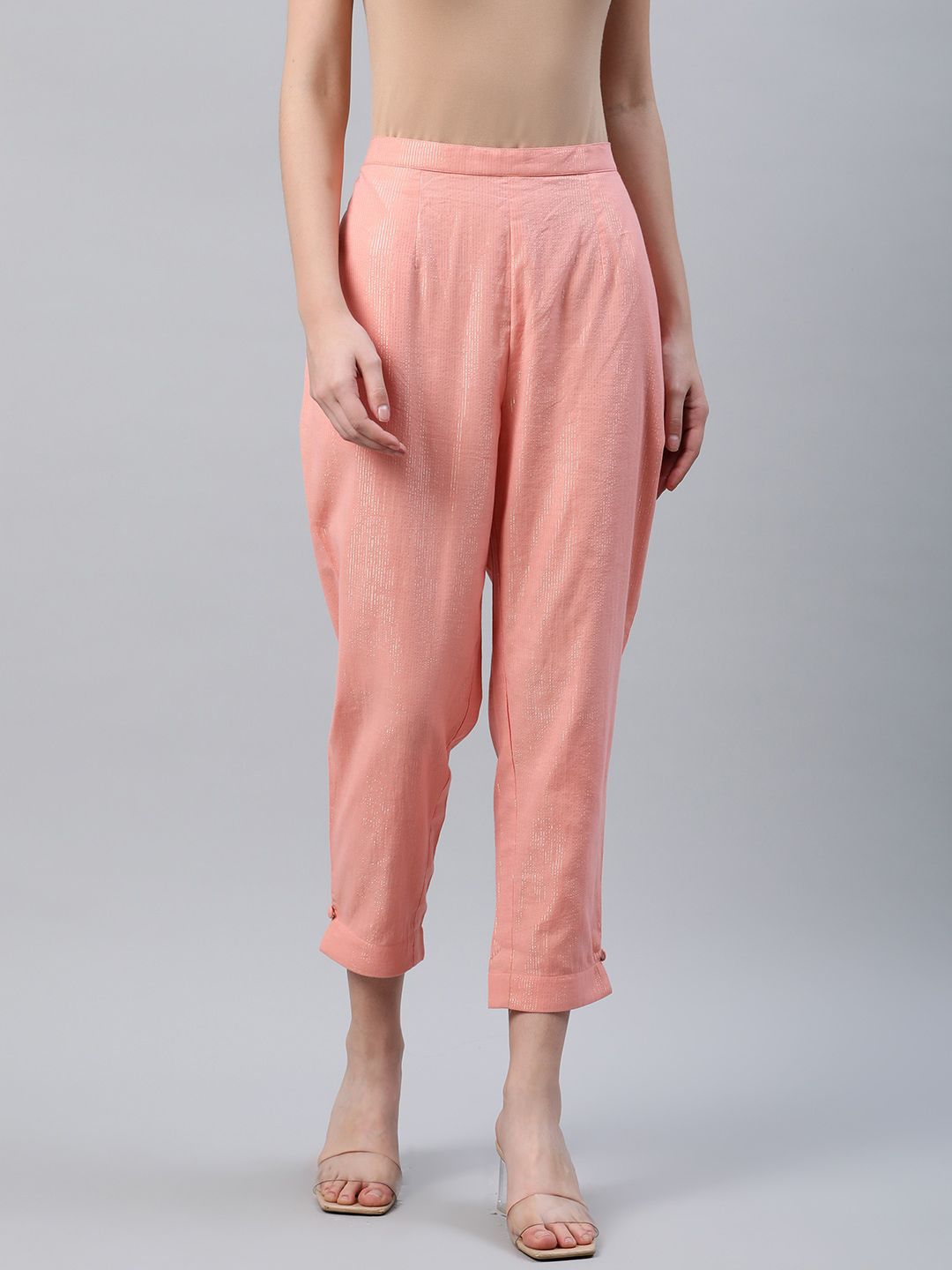 Libas Women Peach-Coloured Striped Cotton Trousers Price in India
