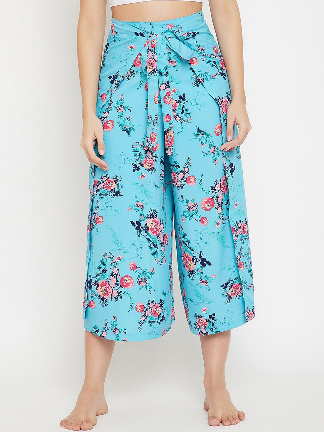 Clovia Women Turquoise Blue & Pink Floral Printed Wrap-Up Lounge Pants Price in India