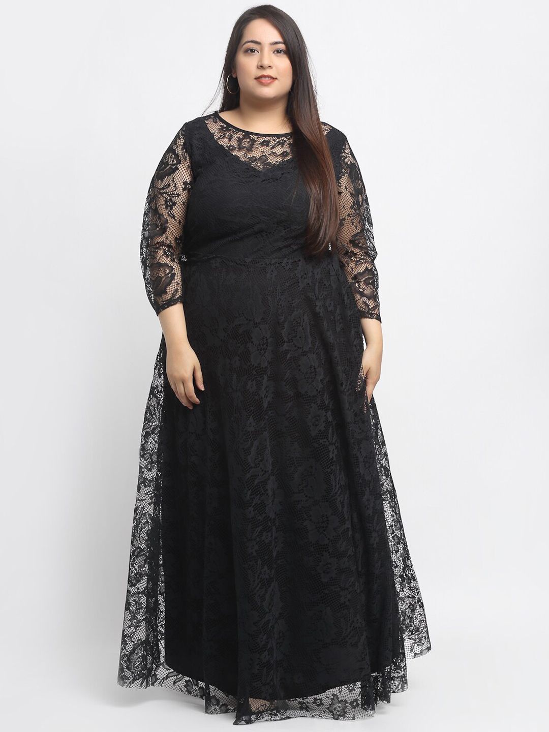 Flambeur Black Floral Lace Maxi Dress Price in India
