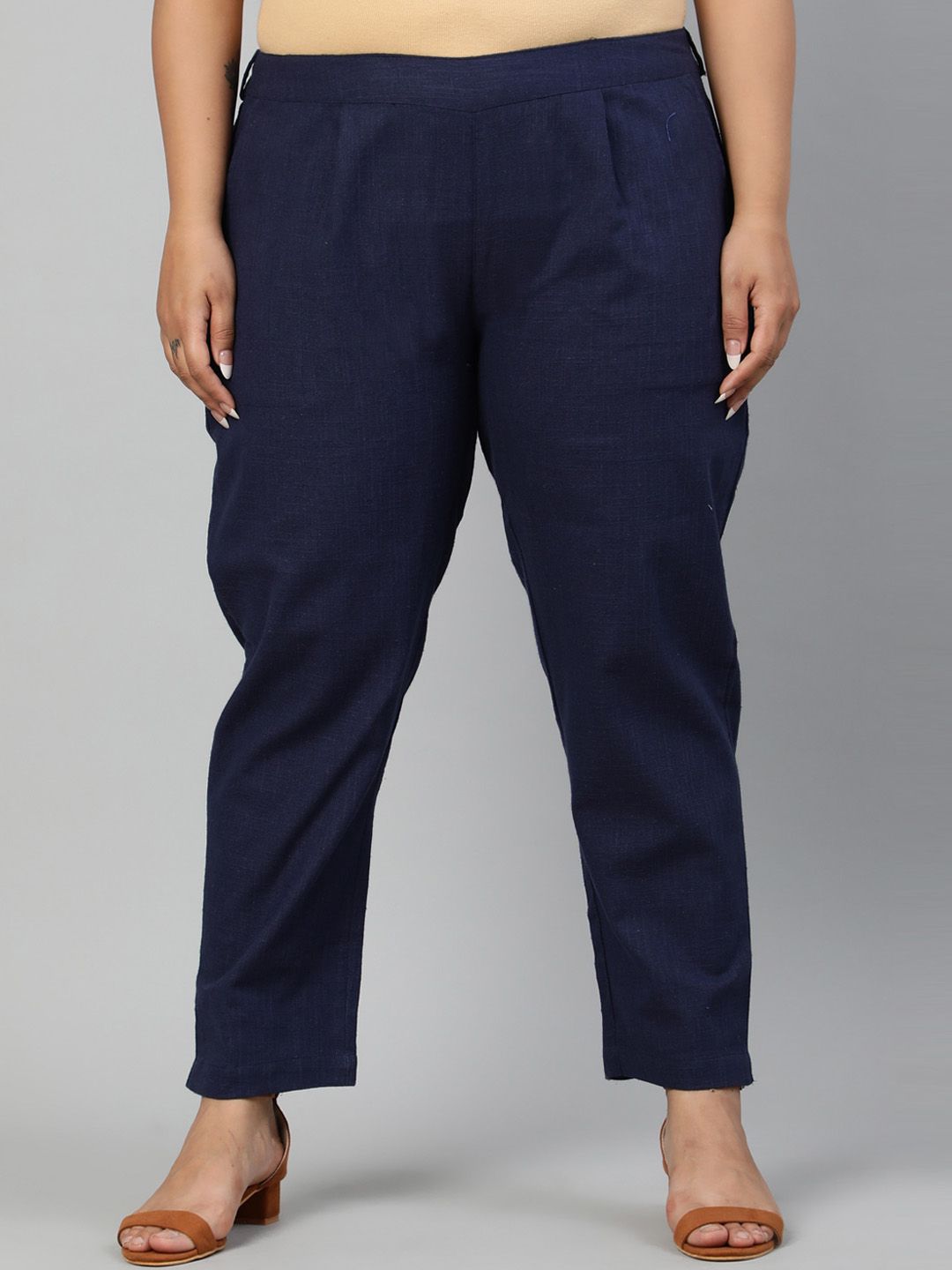 Jaipur Kurti Women Navy Blue Regular Fit Solid Regular Trousers Price in India