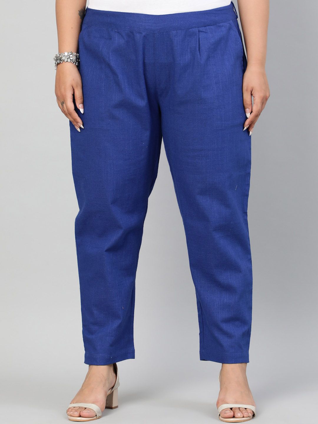 Jaipur Kurti Plus Size Women Blue Regular Fit Solid Regular Trousers Price in India