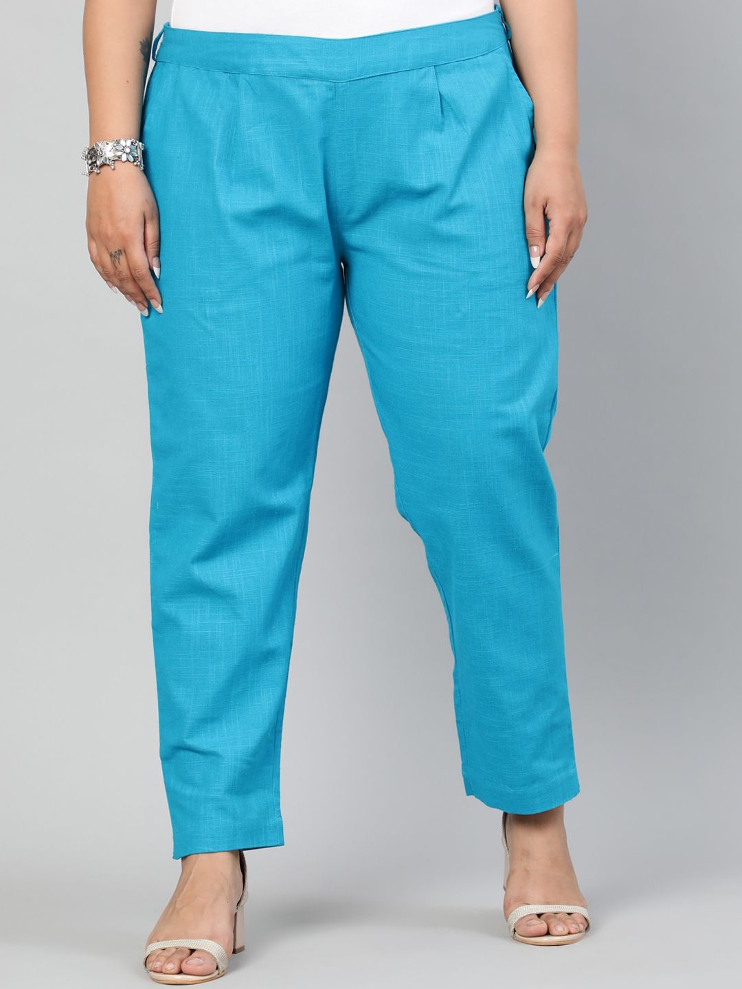 Jaipur Kurti Women Turquoise Blue Regular Fit Solid Regular Trousers Price in India