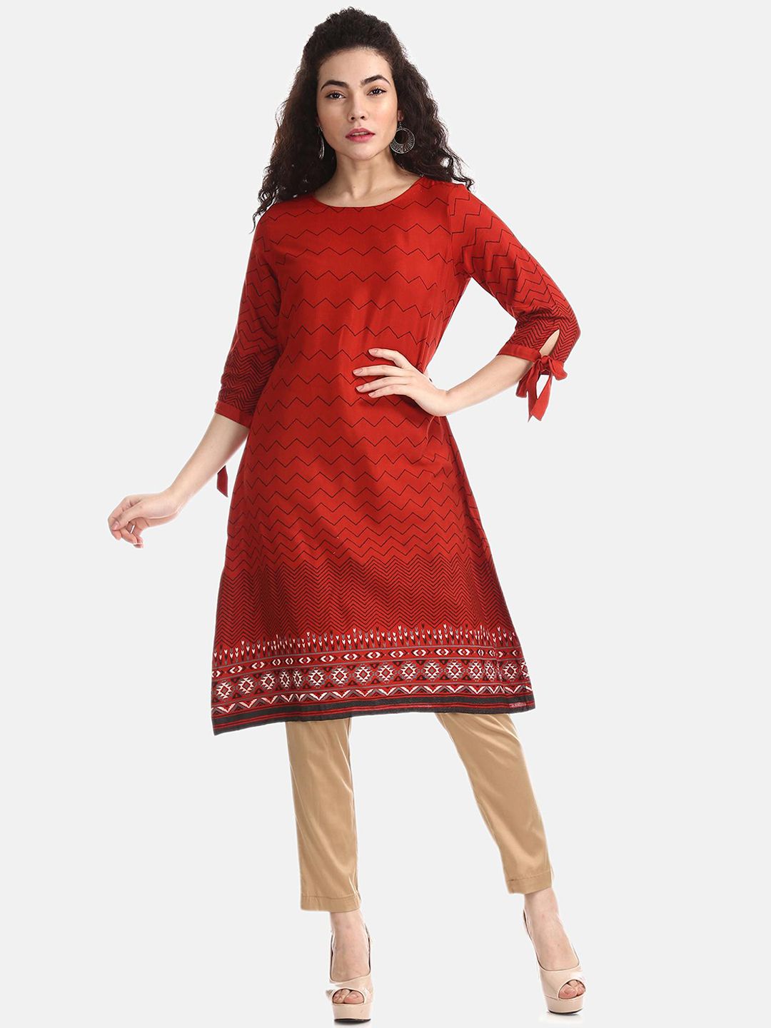 Bronz Women Red Chevron Printed Kurta