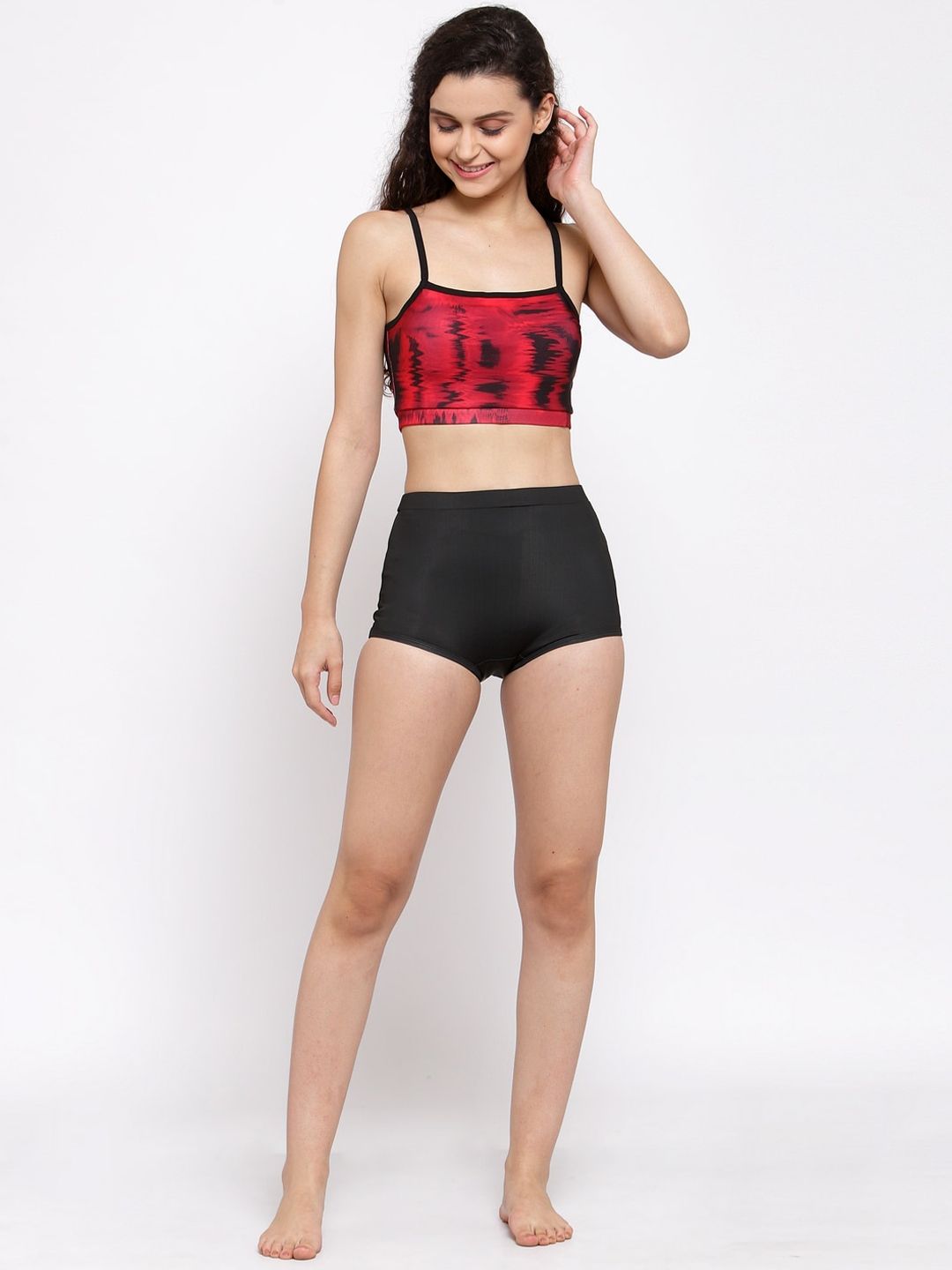 CUKOO Women Red & Black Abstract Printed Two Piece Swim Set Price in India