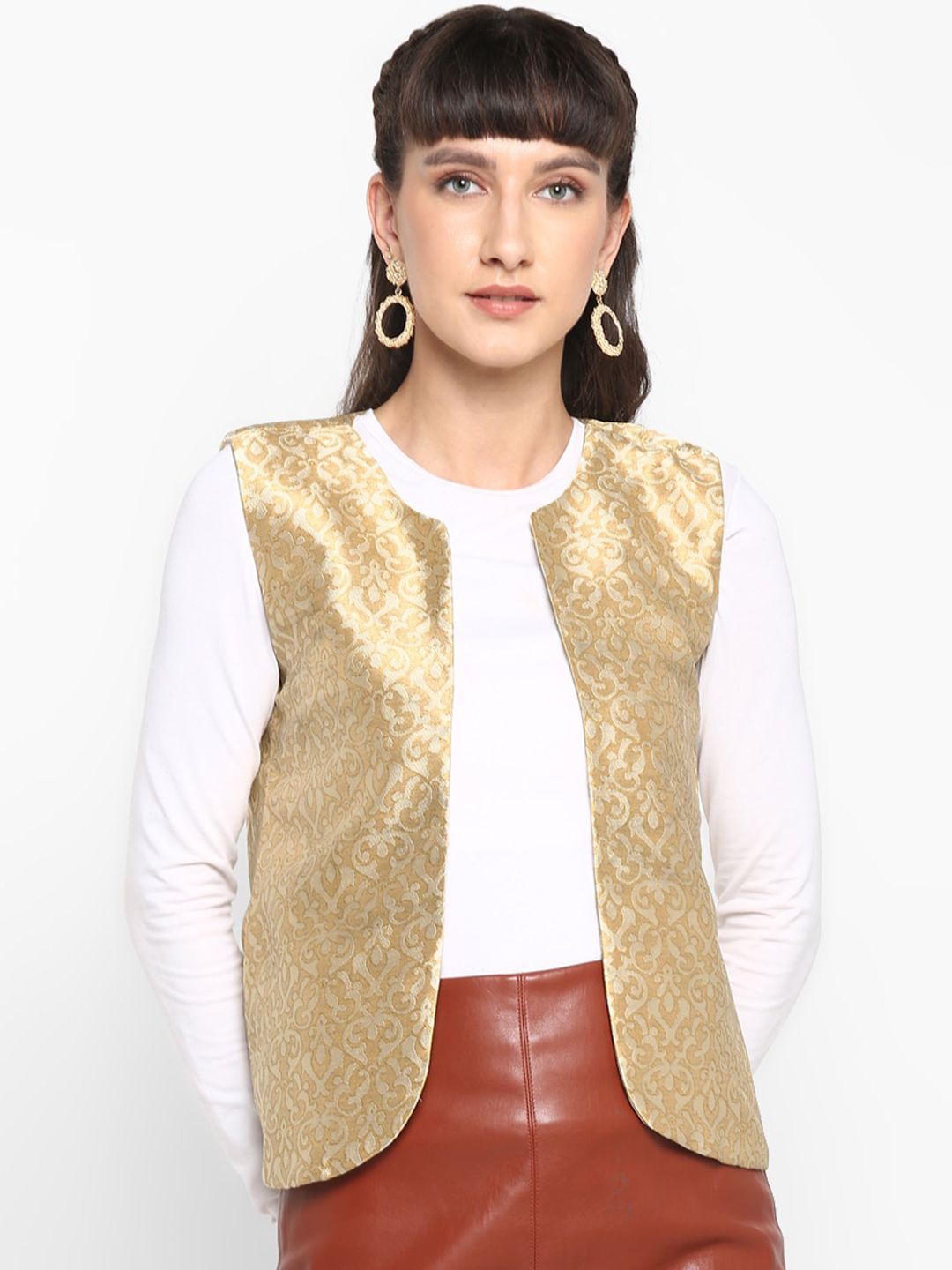 Hangup Women Beige & Golden Printed Moisture Absorbent Open Front Jacket Price in India