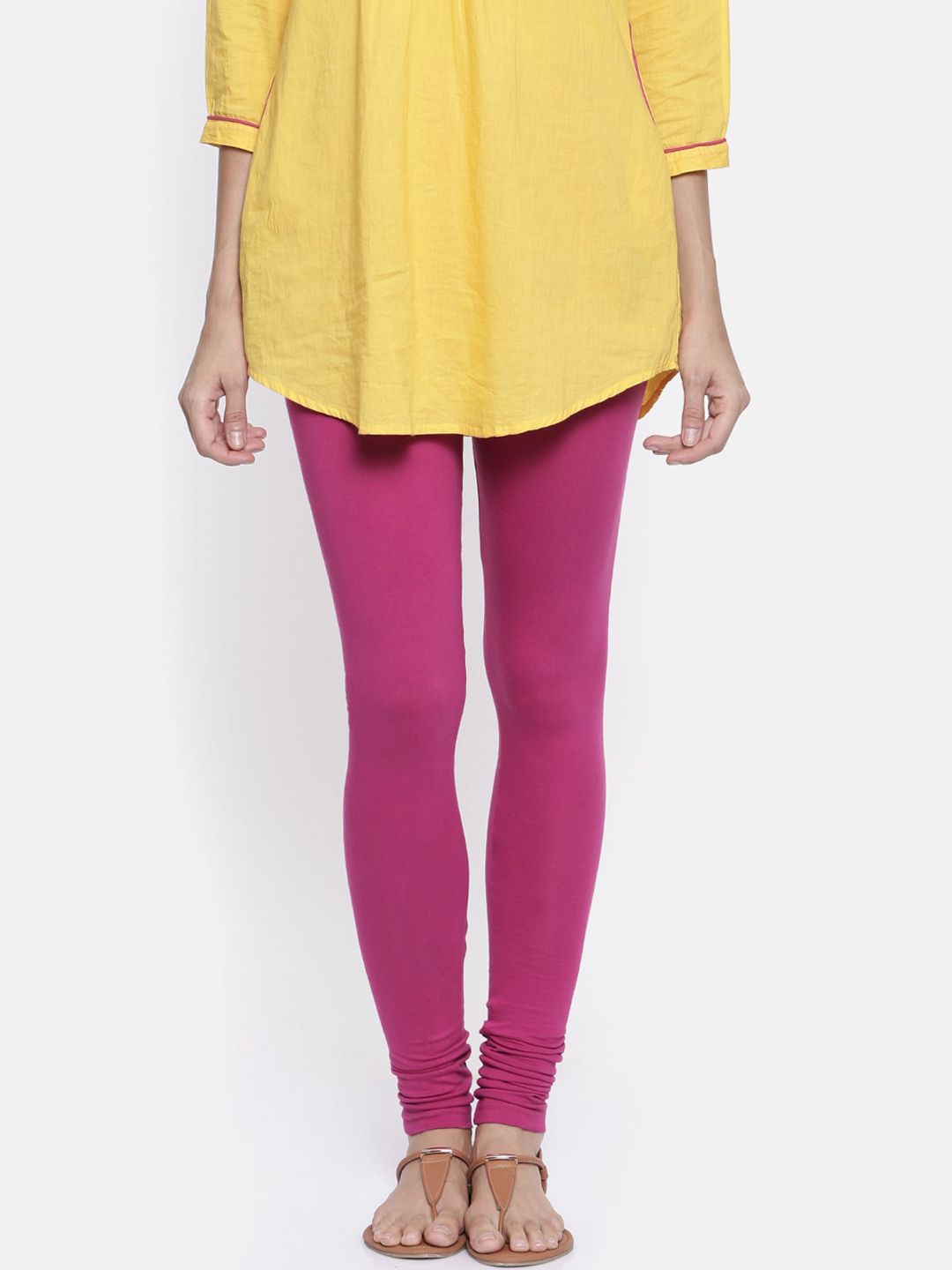 Bitz Women Magenta Pink Solid Organic Cotton Churidar-Length Leggings Price in India