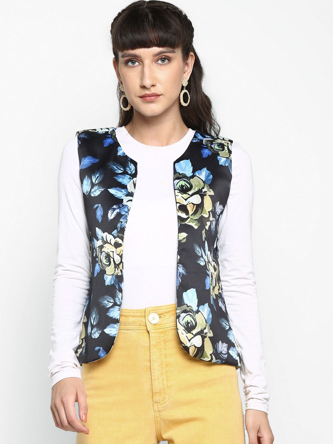 Hangup Women Black & Blue Printed Open Front Jacket Price in India