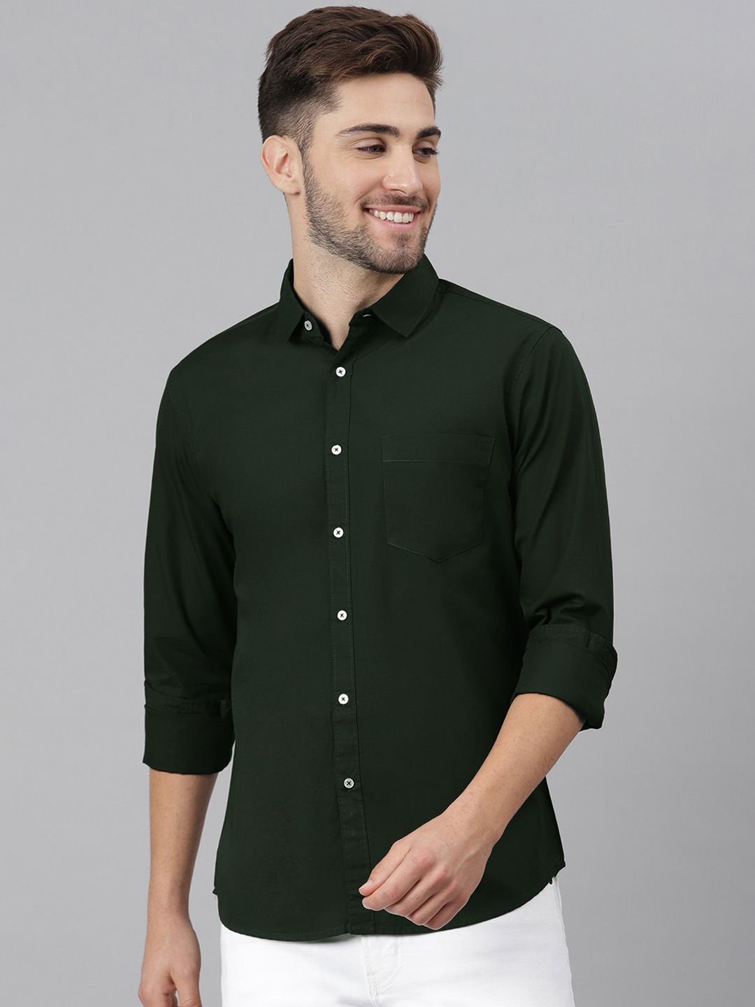 Dennis Lingo Men Green Pure Cotton Slim Fit Solid Casual Shirt