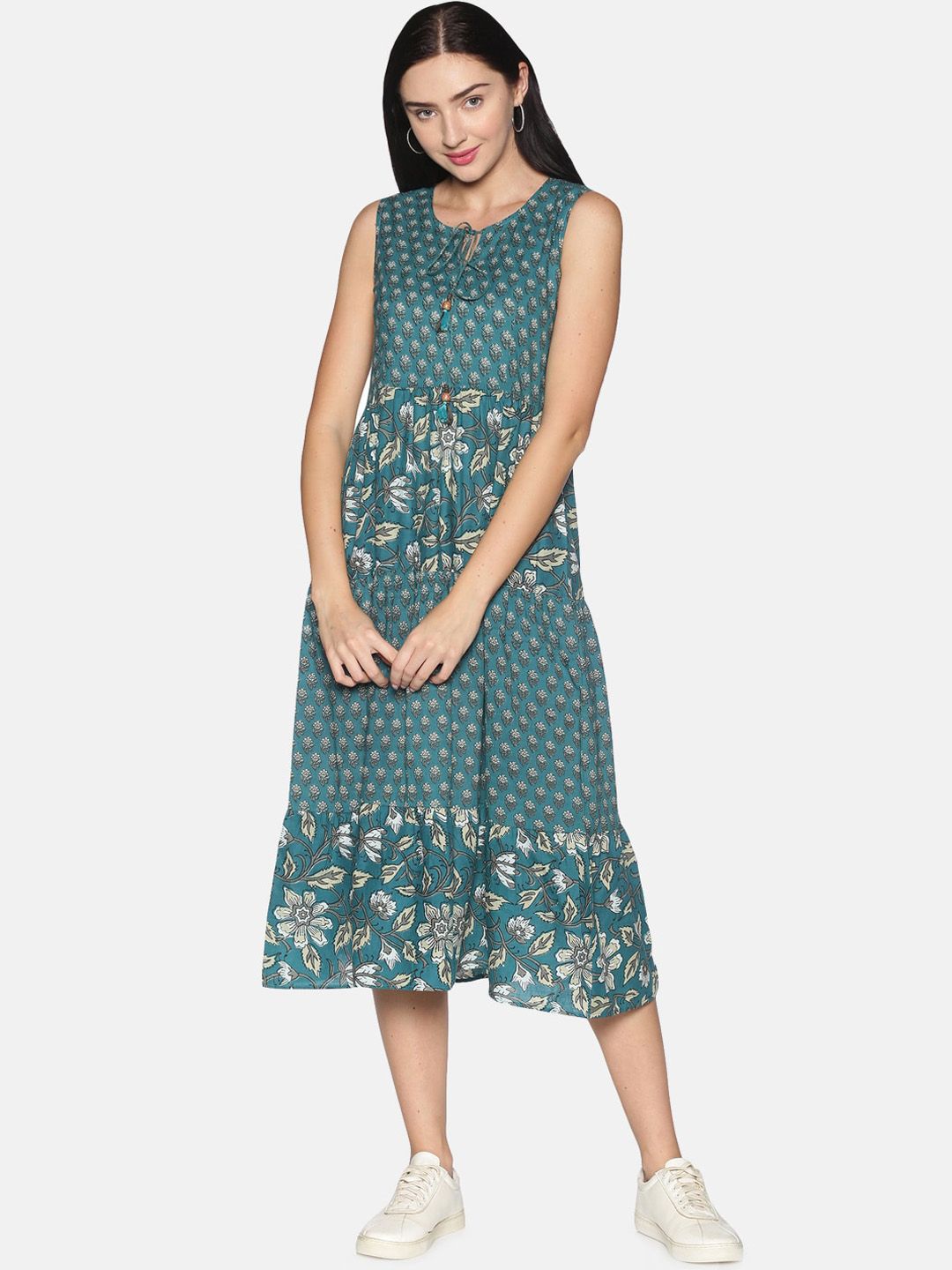 Saffron Threads Women Teal Green & Grey Printed Tiered A-Line Dress