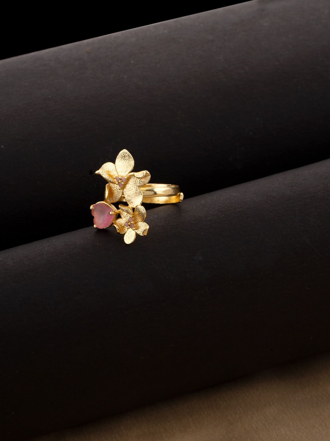 Studio Voylla Gold-Plated Pink Stone-Studded Love Paradise Adjustable Finger Ring Price in India